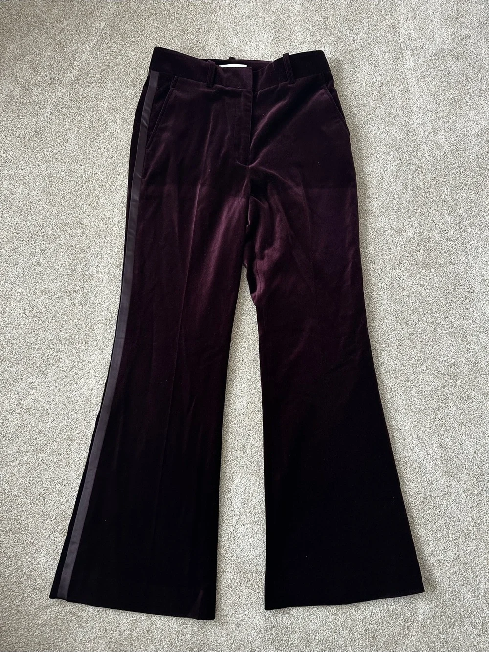 Reiss Elia Burgundy Velvet Satin Stripe Flared Wide Leg Trousers Size 4